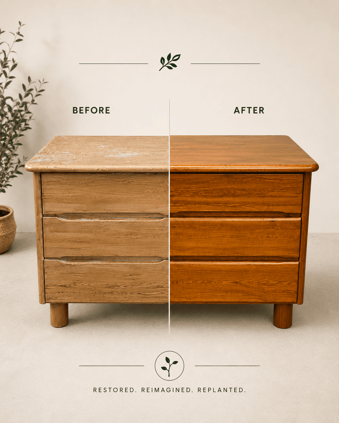 Native Grain Co.: restored, reimagined, replanted. Before and after restoration of a native timber dresser.